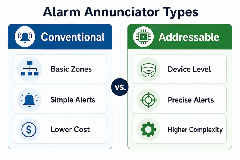 Infographic comparing conventional and addressable annunciators