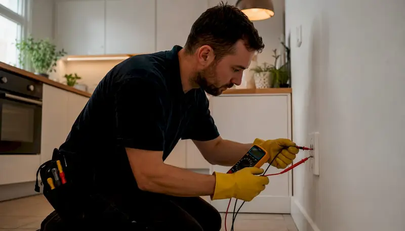 Electrician hands testing power outlet with multimeter