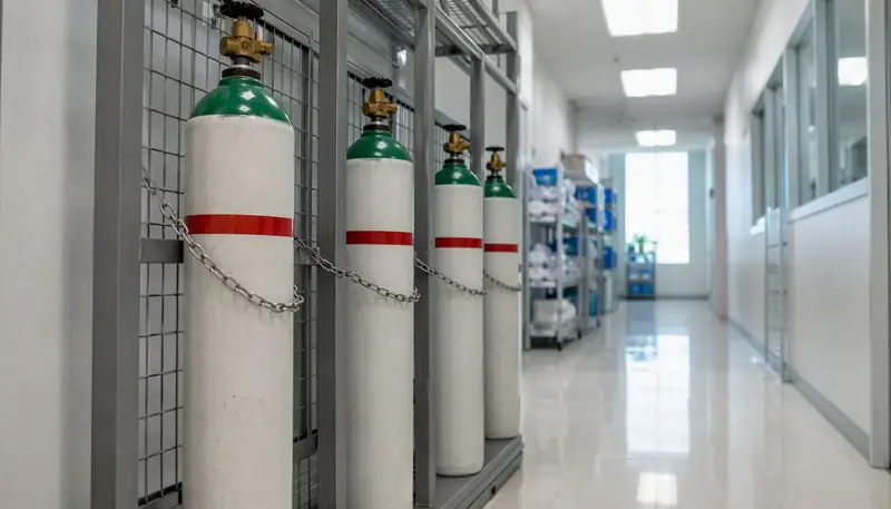 Secured oxygen cylinders in hospital storage