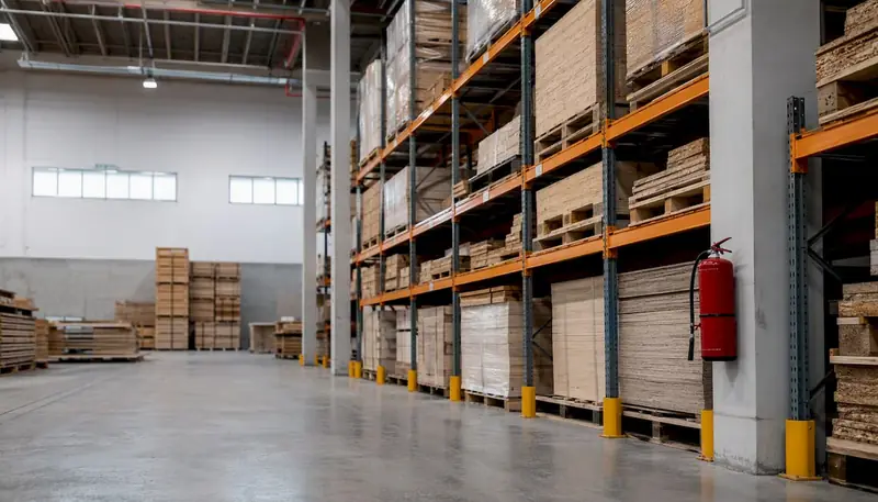Well-organized warehouse storage with clear sprinkler access