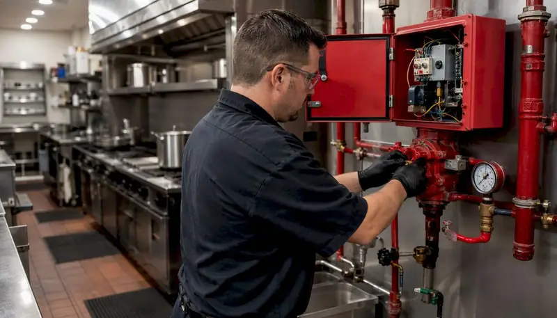 Hands inspecting suppression system pipes and controls