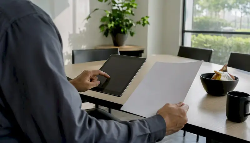 Technician auditing maintenance records on tablet