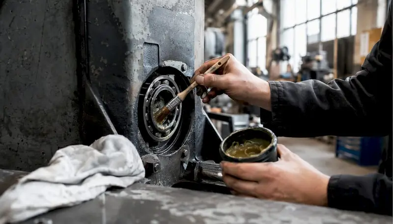 Hands lubricating industrial equipment bearing