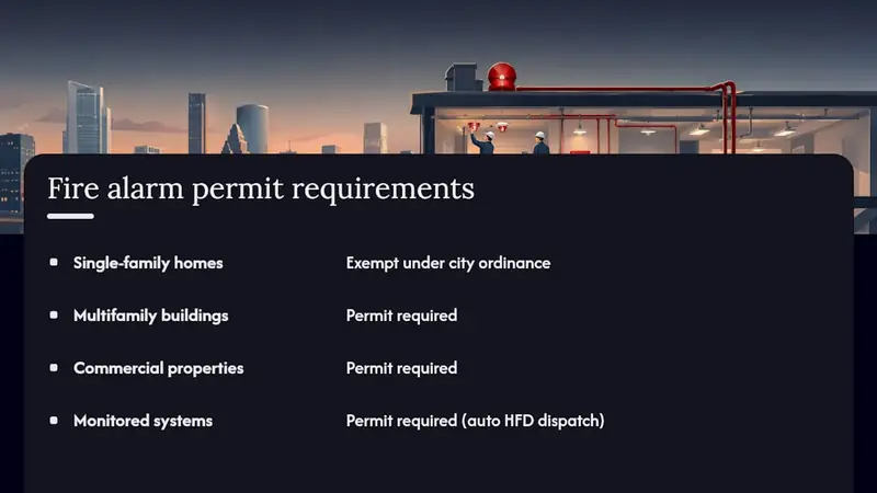 Diagram of Houston fire alarm permit requirements by property type