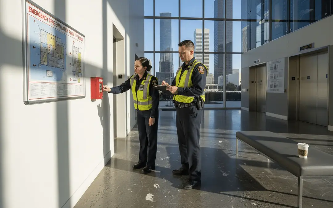 Two safety officers checking a wall-mounted fire alarm station in an office lobby