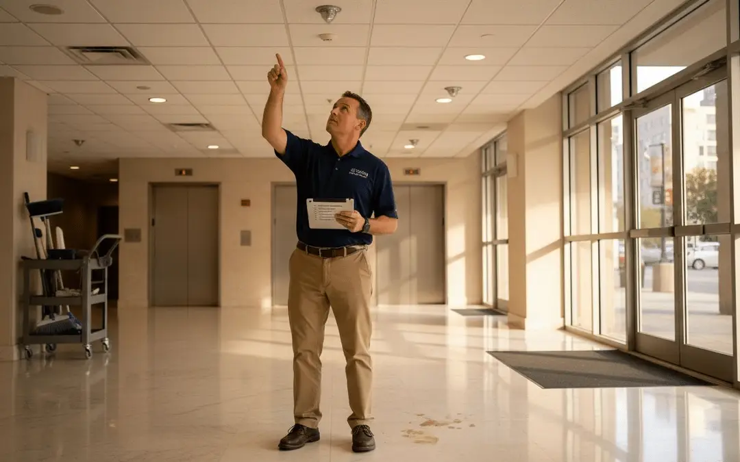 Inspector with a clipboard pointing up at ceiling sprinklers in a building hallway