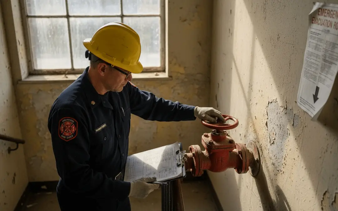 Firefighter turning a red sprinkler control valve beside a stained wall