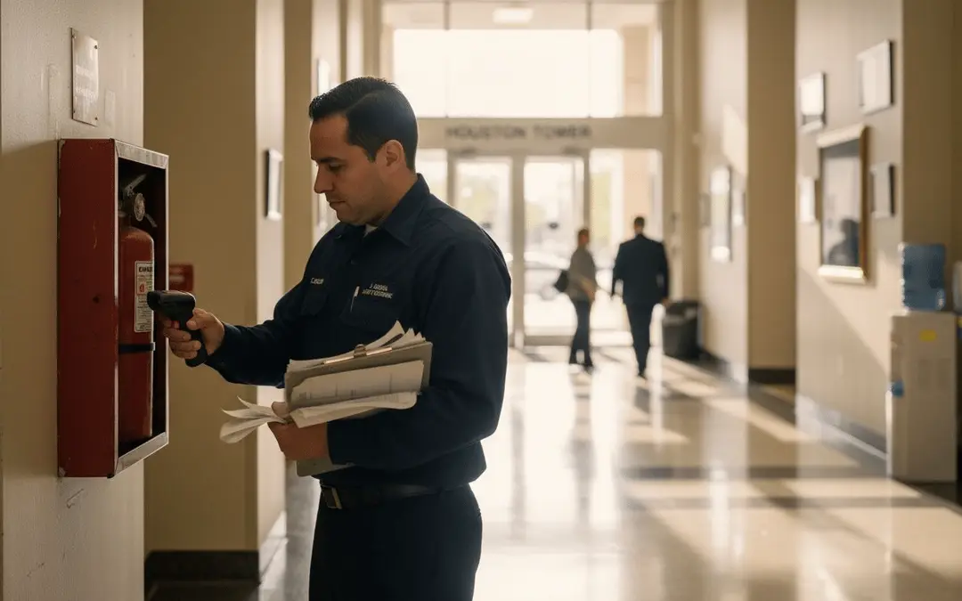 Technician with paperwork next to a fire hose cabinet in an office lobby
