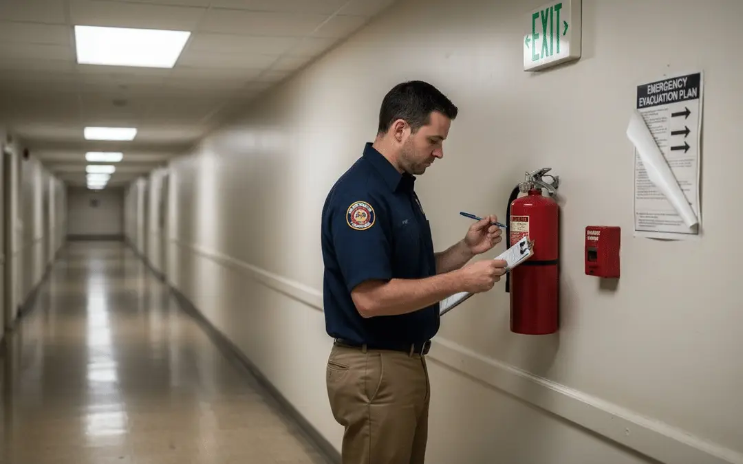 Fire inspector writing on a clipboard beside a fire extinguisher in a hallway