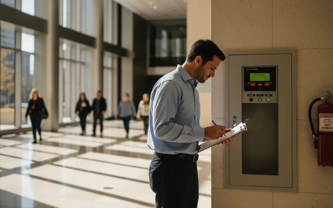 Man with a clipboard checking a fire alarm panel in a busy office lobby