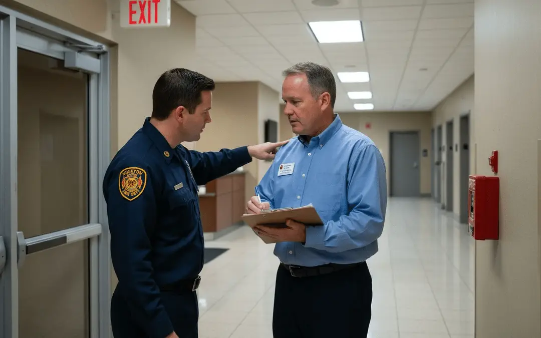 Fire official and building manager discussing safety in an office corridor