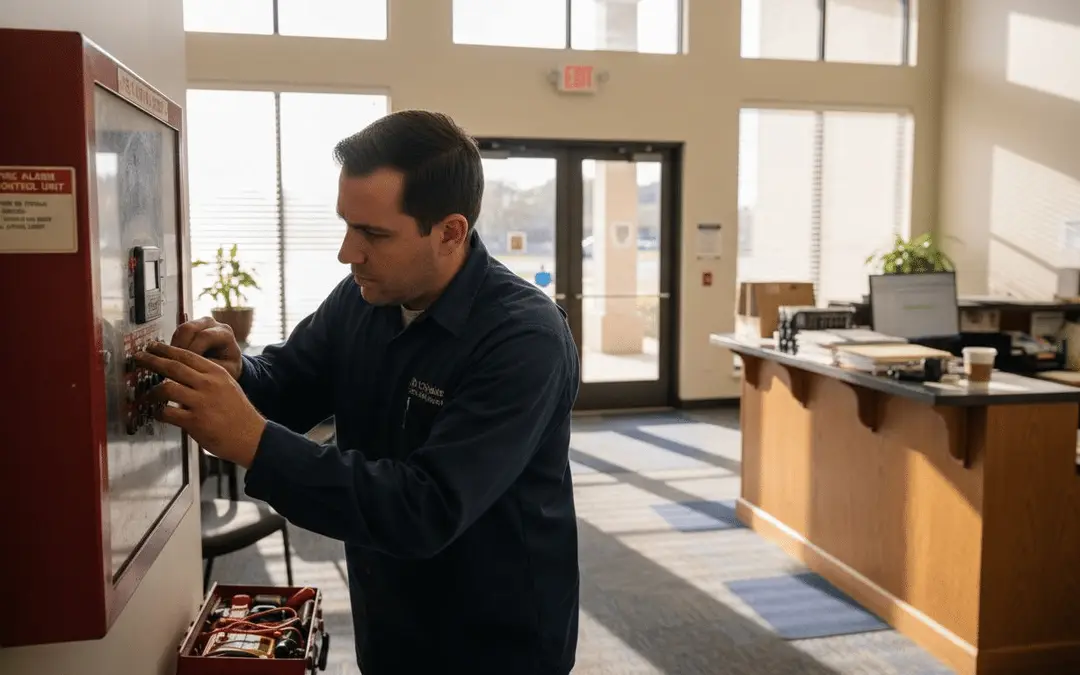 Technician opening a red fire alarm cabinet in an office reception area