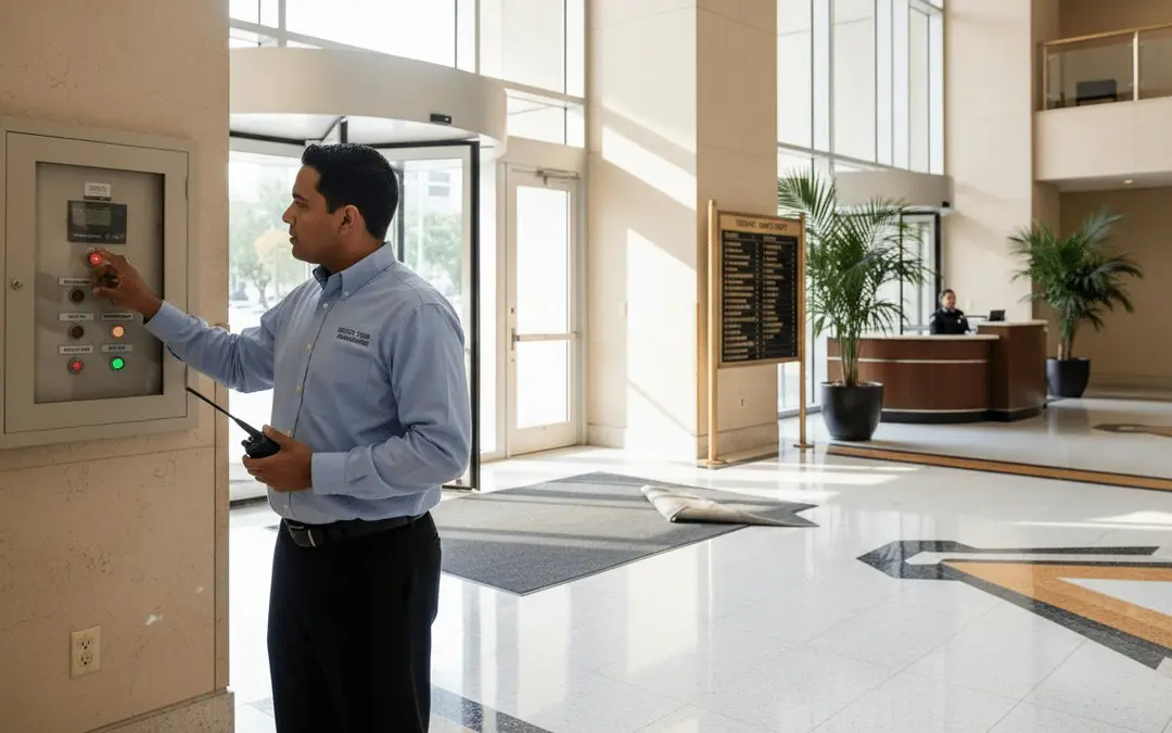 Man with a clipboard checking a wall-mounted fire alarm panel in a lobby