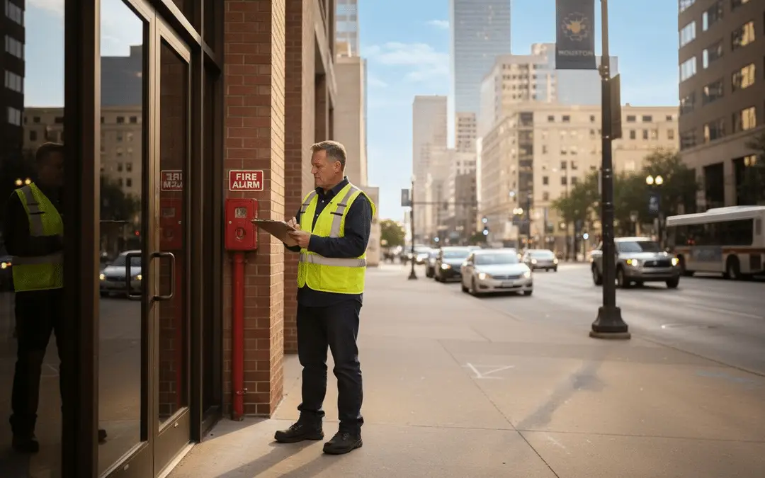 Two inspectors in safety vests checking a fire alarm box on a city sidewalk