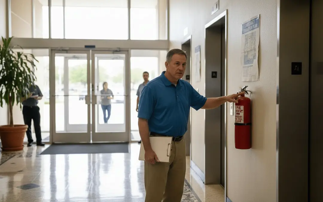 Man inspecting a wall-mounted fire extinguisher in an office lobby