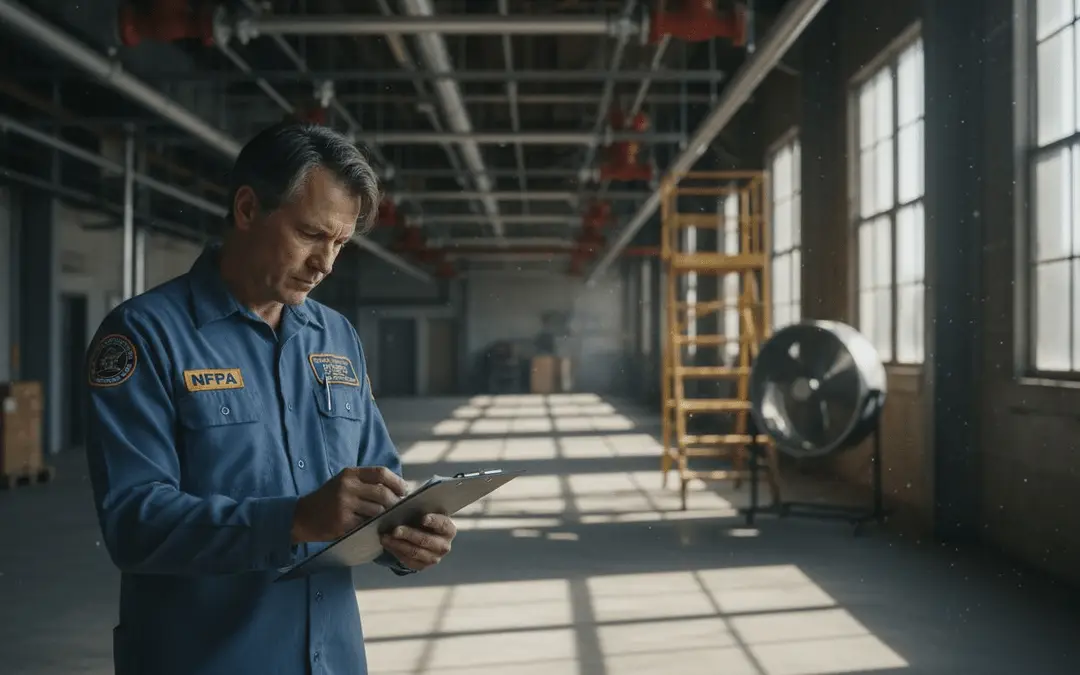 Technician with a tablet inspecting sprinkler piping in an open warehouse