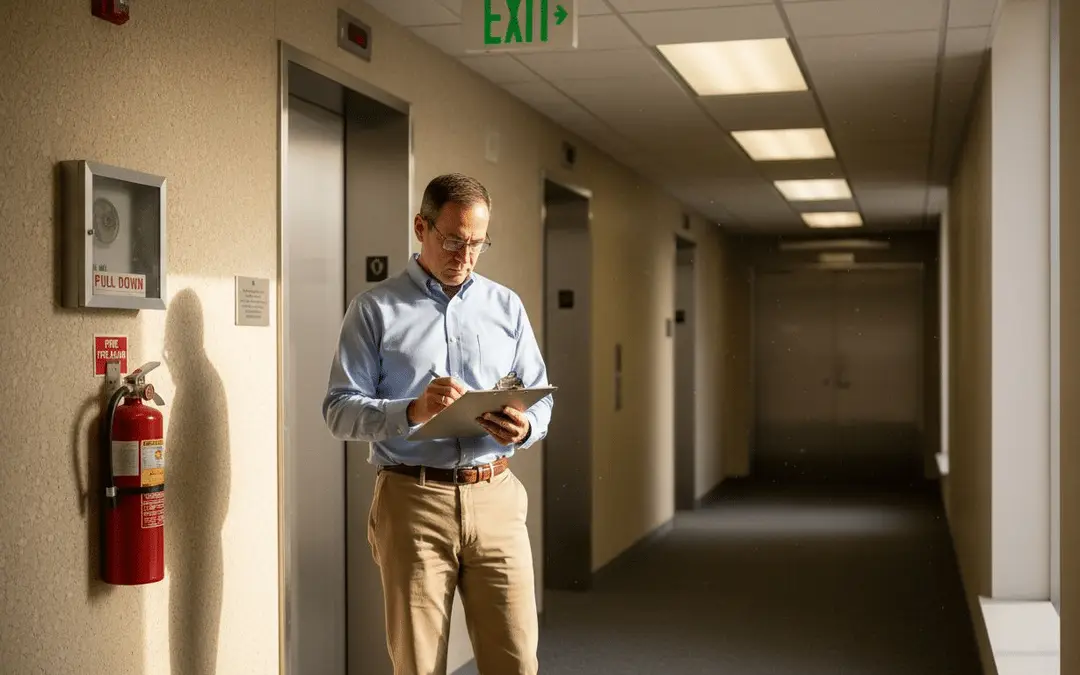 Man with a clipboard in a hallway beside a wall-mounted fire extinguisher