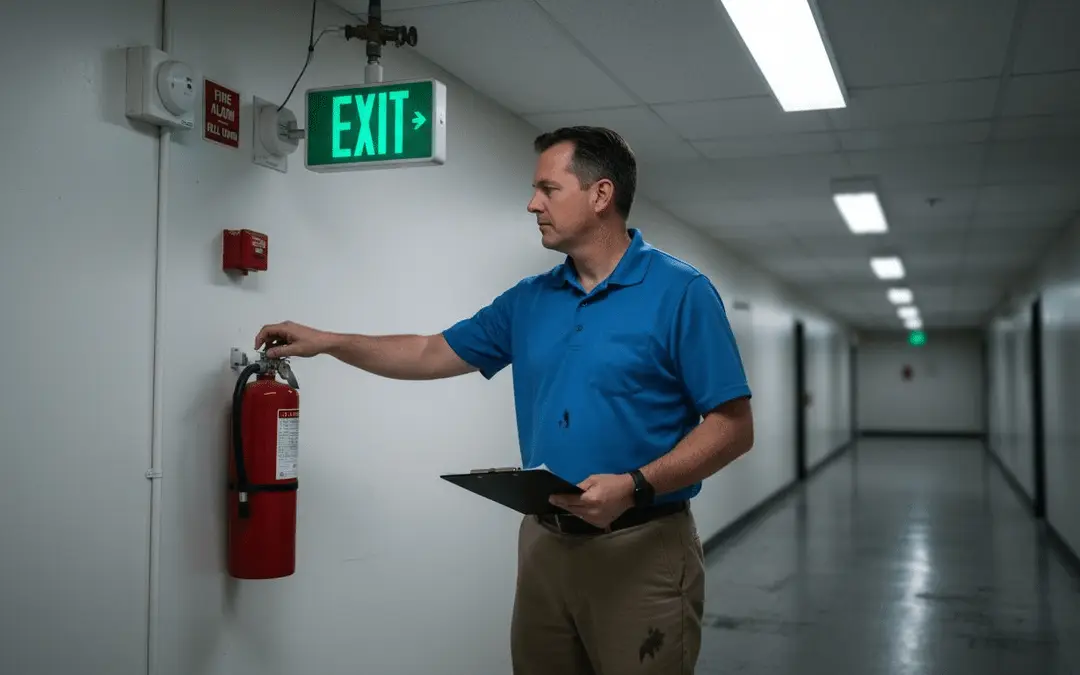 Man checking a fire extinguisher under an exit sign in an office corridor