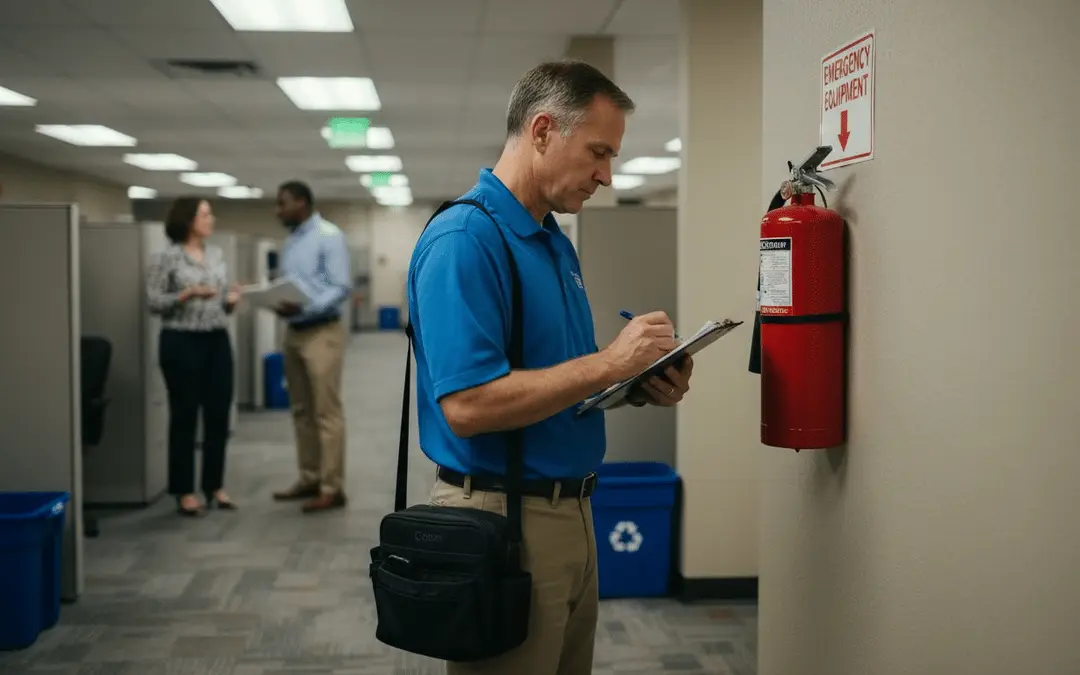 Man with a clipboard inspecting a fire extinguisher in an open-plan office