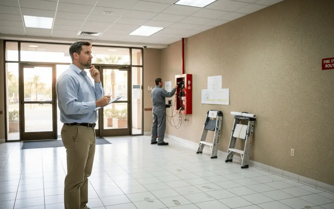 Man on the phone in a lobby while a technician works near a fire alarm panel