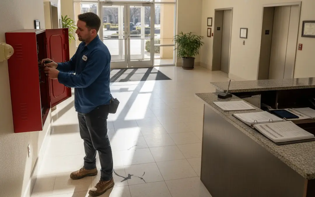 Technician opening a red fire alarm cabinet beside a lobby reception desk