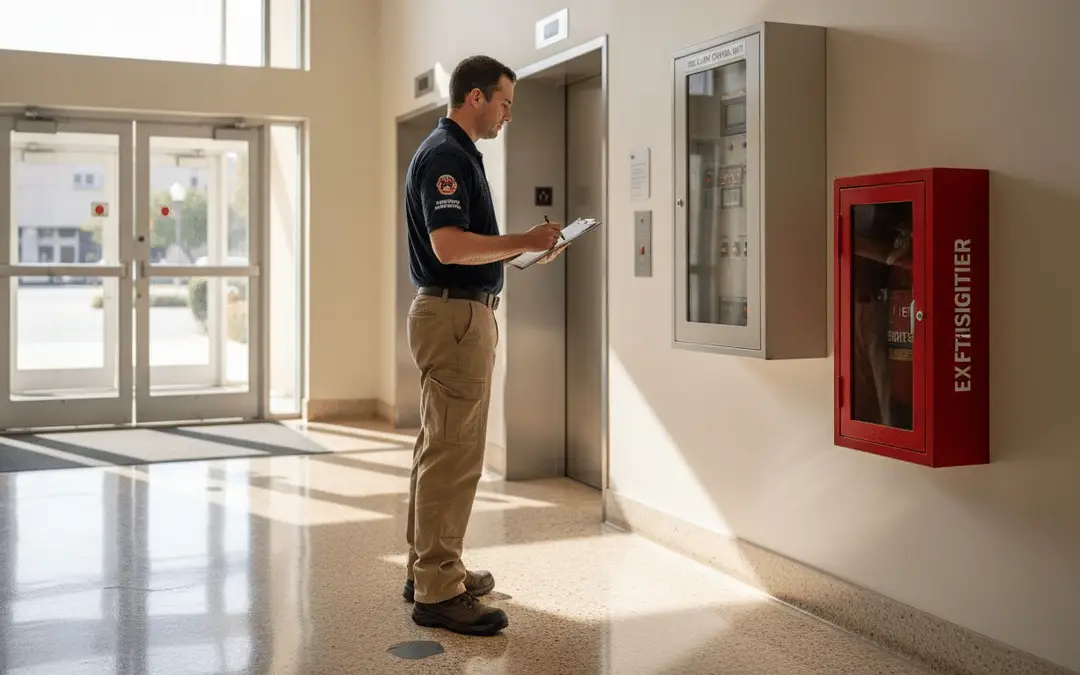 Inspector with a clipboard next to an extinguisher cabinet near elevators