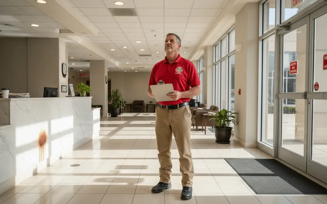 Fire safety inspector holding a checklist in a bright office lobby