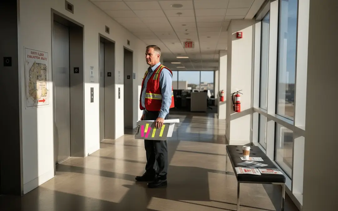 Inspector in a safety vest with a clipboard in an elevator lobby