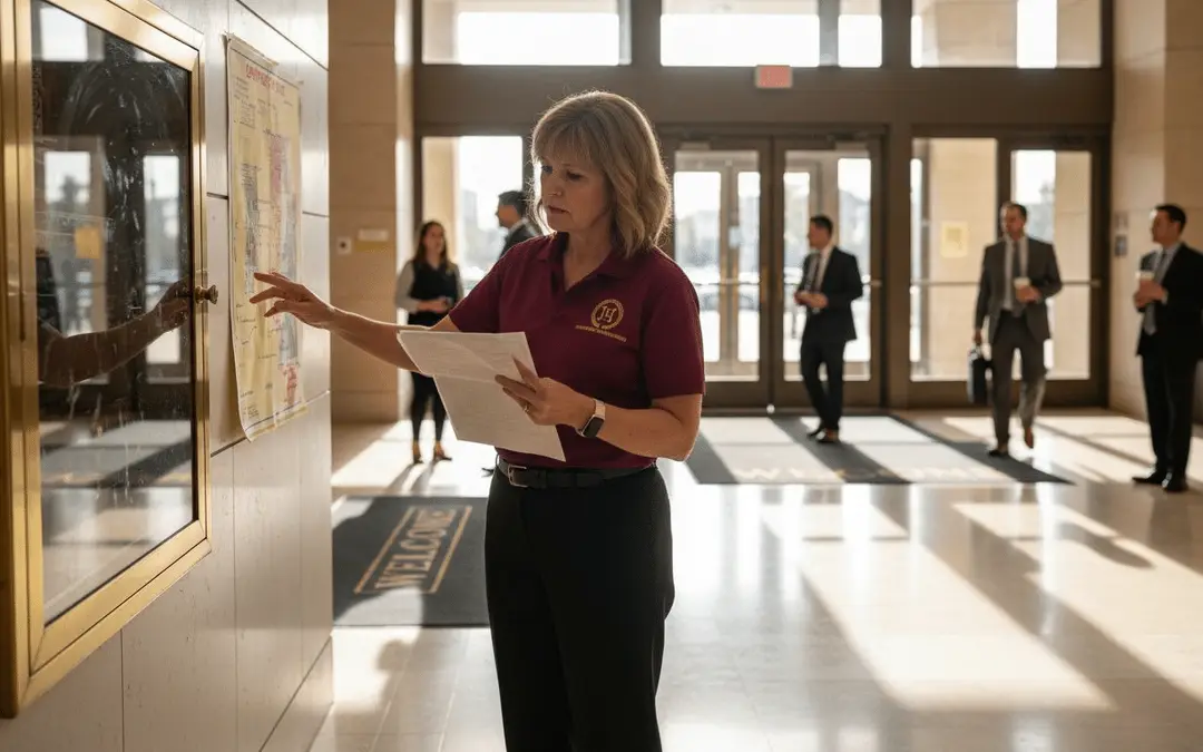 Woman checking a fire safety notice on a lobby wall with a clipboard