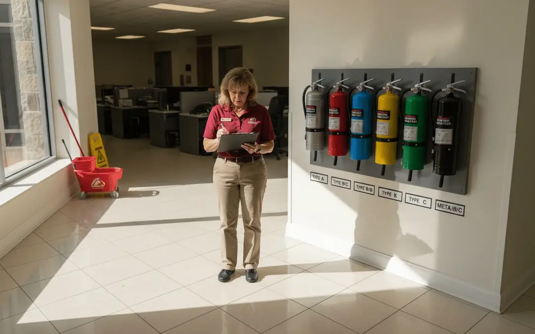 Woman with a tablet near a wall rack of colored fire extinguisher types