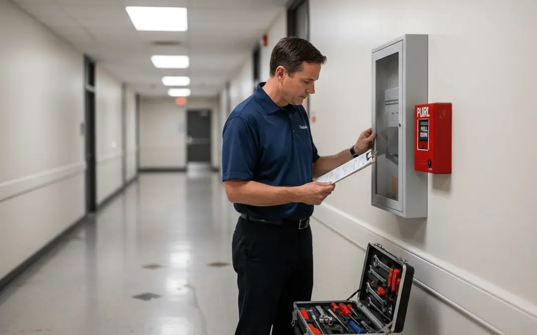 Technician checking a fire alarm pull station and extinguisher cabinet in a hallway