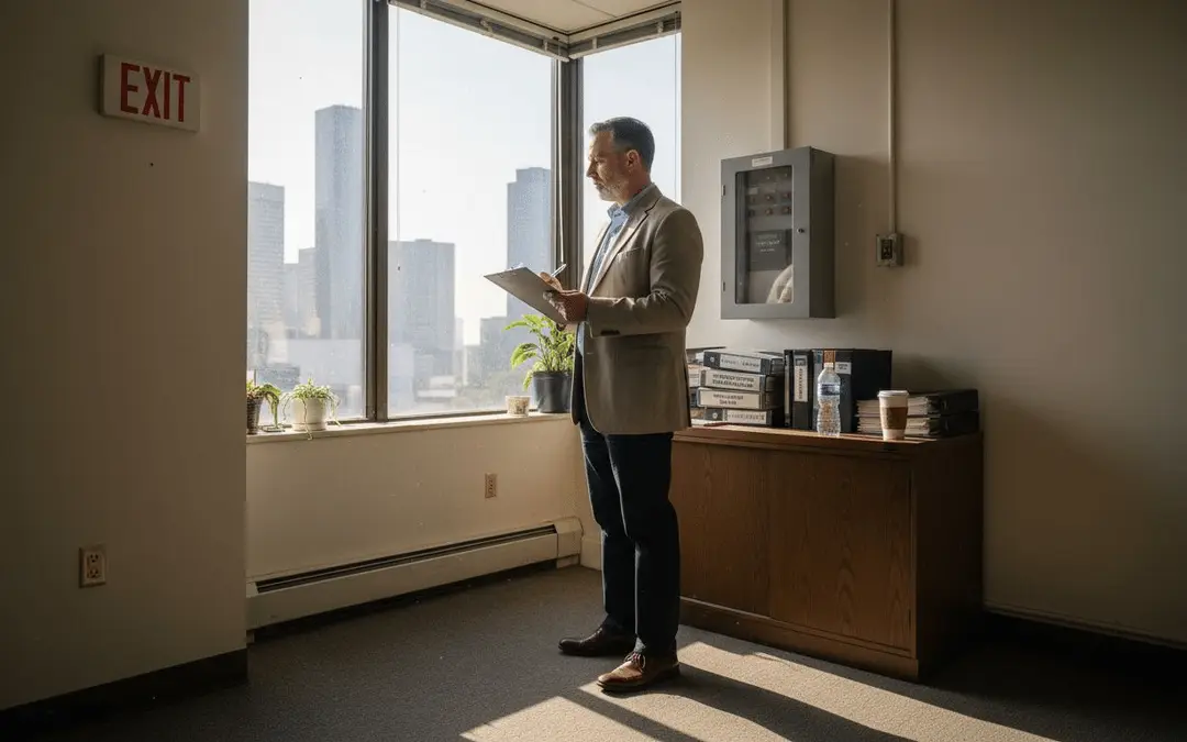 Man with a clipboard by the window of a high-rise office overlooking Houston