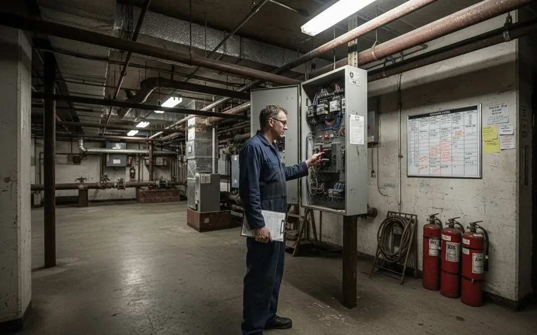 Technician inspecting fire system panels in a building's mechanical room