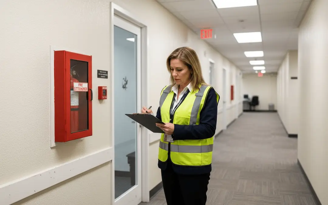 Woman in a safety vest with a clipboard beside an extinguisher cabinet
