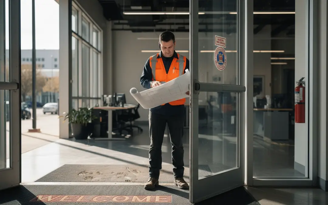 Inspector in an orange safety vest reading building plans at an office entrance