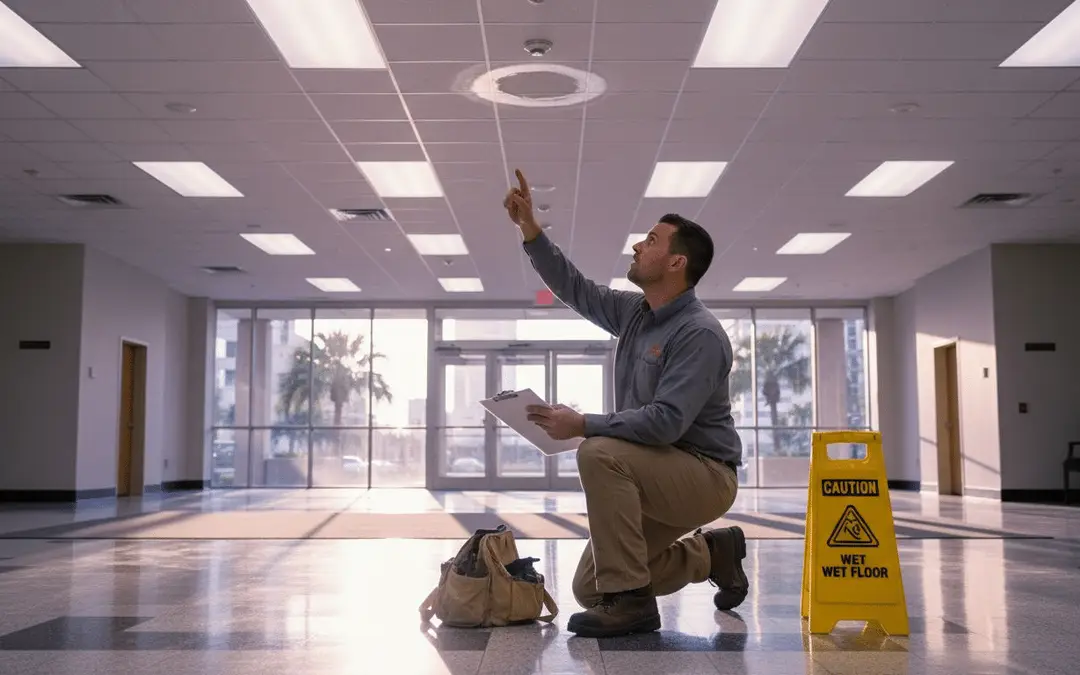 Technician kneeling and pointing up at a ceiling sprinkler in an empty office