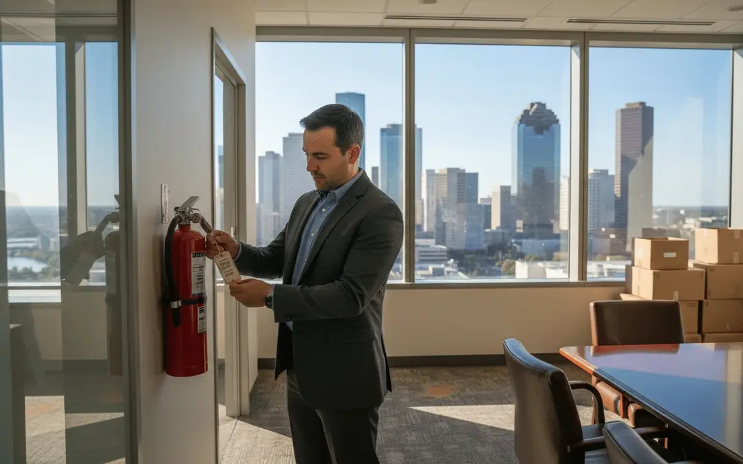 Man checking a fire extinguisher in an office with a Houston skyline view