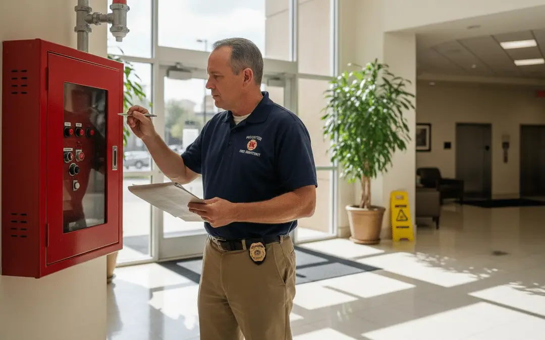 Fire inspector writing beside a red fire hose cabinet in a lobby