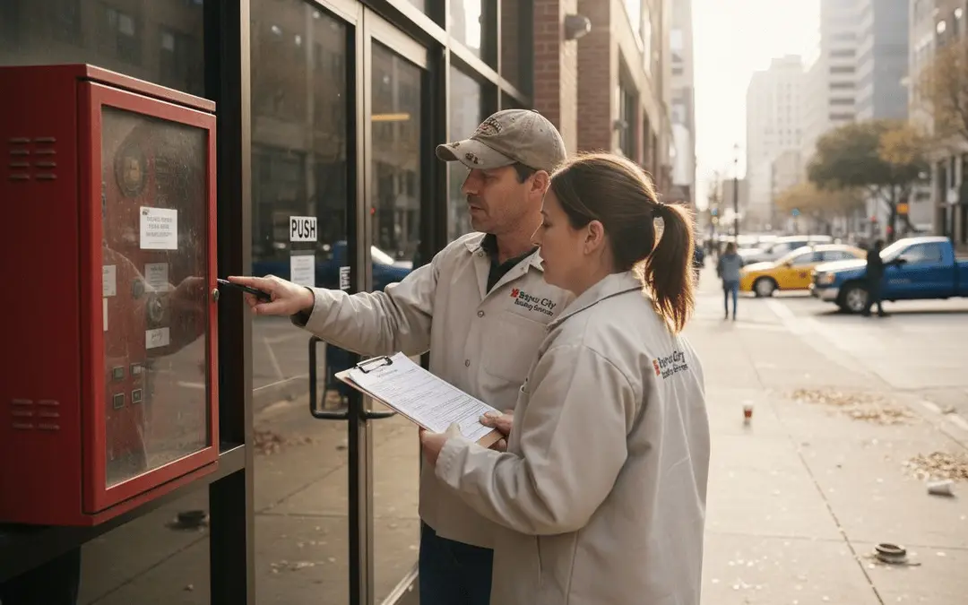 Two inspectors checking a fire alarm box outside a building