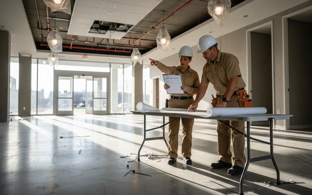 Two workers in hard hats reviewing plans in a building under renovation