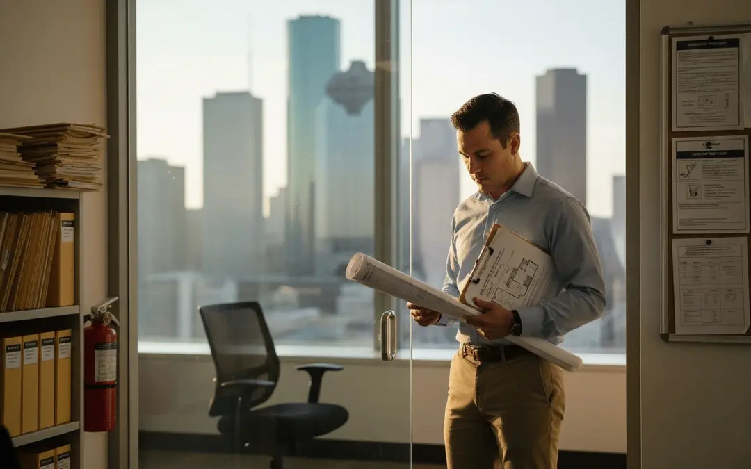 Man holding rolled plans by an office window overlooking downtown Houston