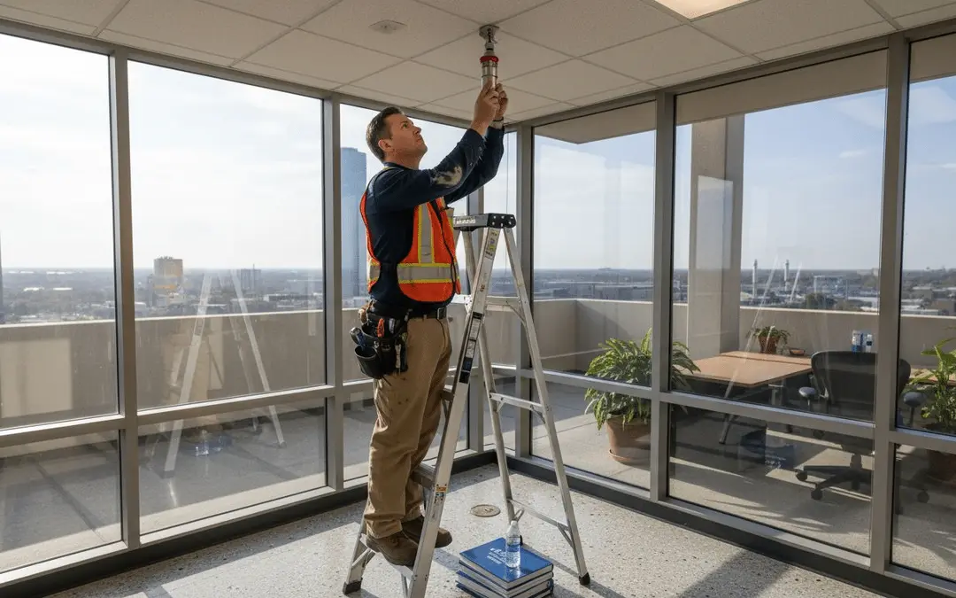 Technician on a ladder working on a ceiling sprinkler in a high-rise office