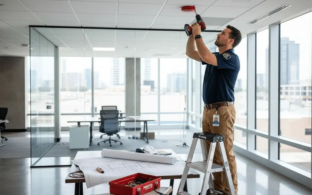Technician on a ladder installing a ceiling detector in a glass-walled office