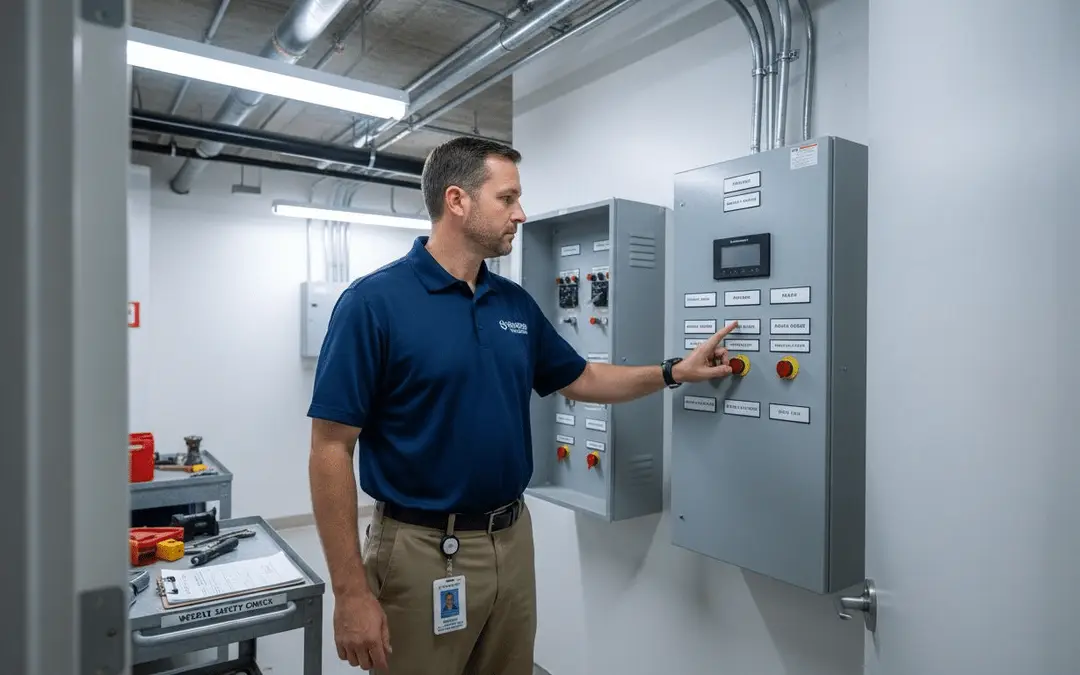 Technician pressing buttons on fire suppression control panels