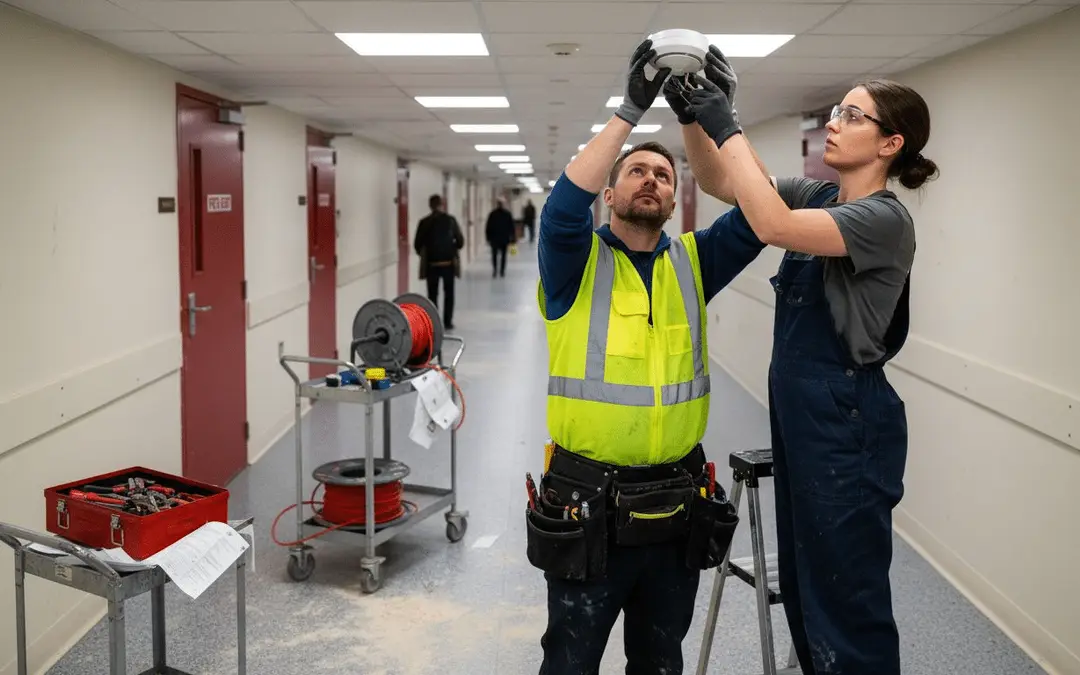 Two technicians on ladders installing a smoke detector in a corridor