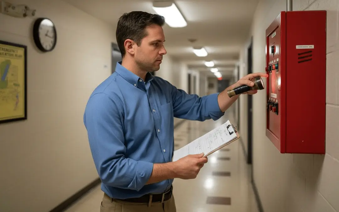 Man with a checklist testing a red fire alarm panel in a hallway