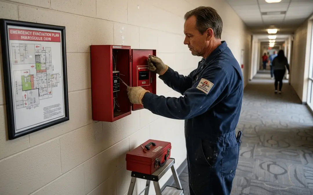 Technician servicing a red fire alarm panel beside an evacuation map