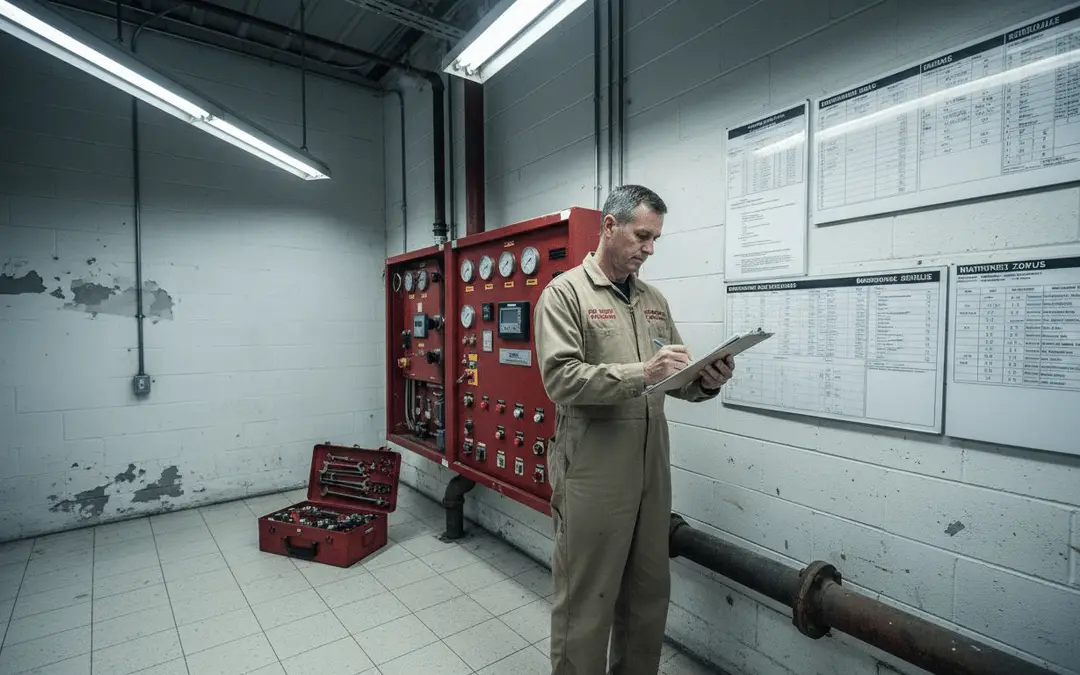 Technician with a clipboard at a wall of sprinkler valves in a riser room