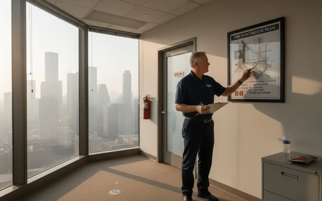 Man pointing at an evacuation map in a high-rise office hallway