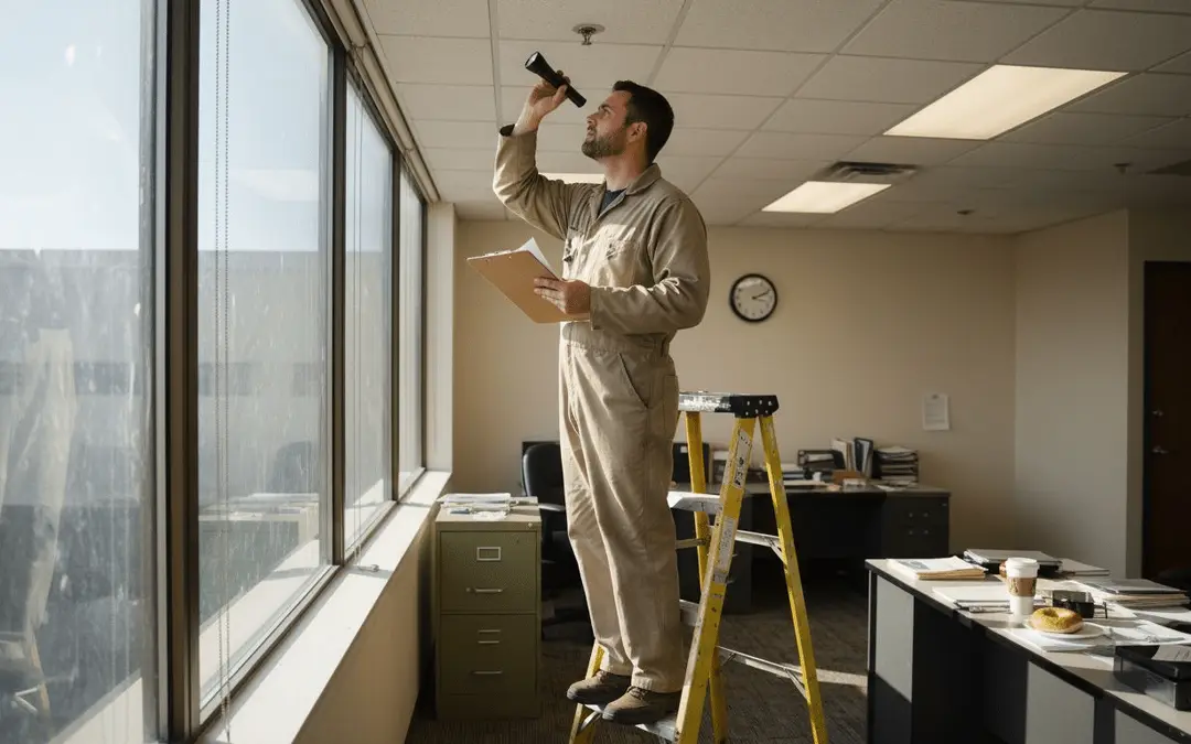 Technician holding a flashlight up to a ceiling sprinkler in an office
